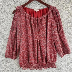 Max Studio Ruffle ScoopNeck Floral Keyhole Cold Should Chiffon Blouse M